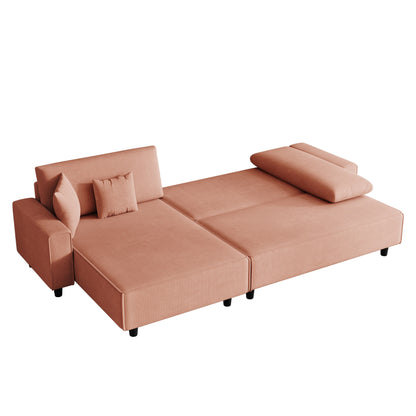 Orange 93'' Corduroy Convertible 3-Seater Sofa Bed with Adjustable Chaise, Two Pillows, and Storage - Space-Saving Design