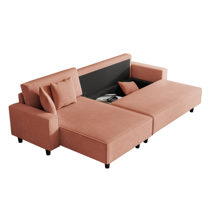 Orange 93'' Corduroy Convertible 3-Seater Sofa Bed with Adjustable Chaise, Two Pillows, and Storage - Space-Saving Design