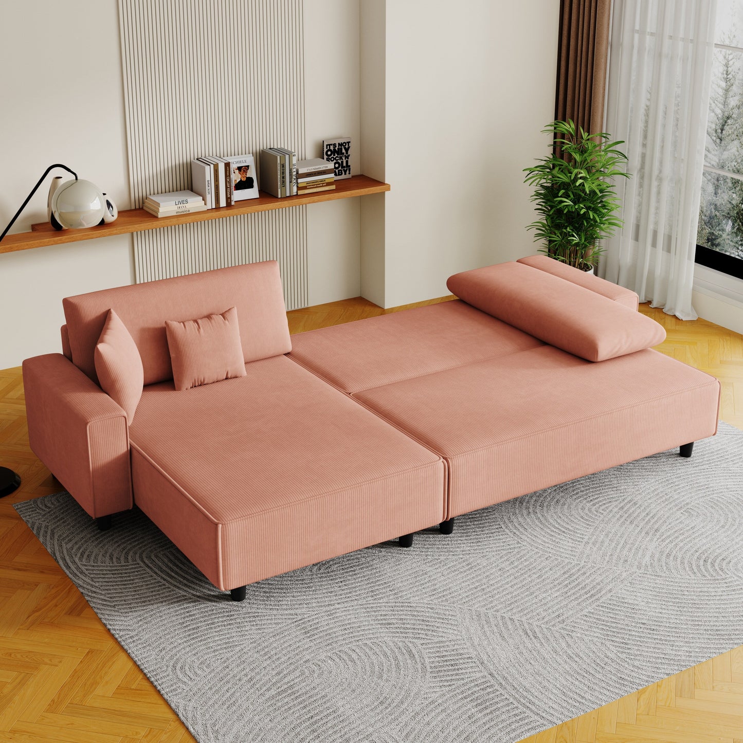 Orange 93'' Corduroy Convertible 3-Seater Sofa Bed with Adjustable Chaise, Two Pillows, and Storage - Space-Saving Design
