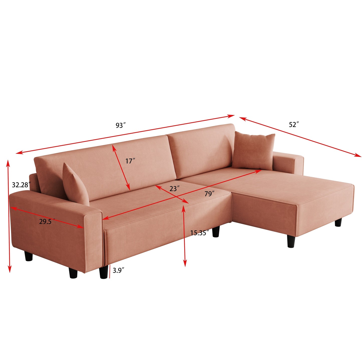 Orange 93'' Corduroy Convertible 3-Seater Sofa Bed with Adjustable Chaise, Two Pillows, and Storage - Space-Saving Design