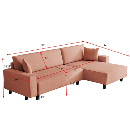 Orange 93'' Corduroy Convertible 3-Seater Sofa Bed with Adjustable Chaise, Two Pillows, and Storage - Space-Saving Design