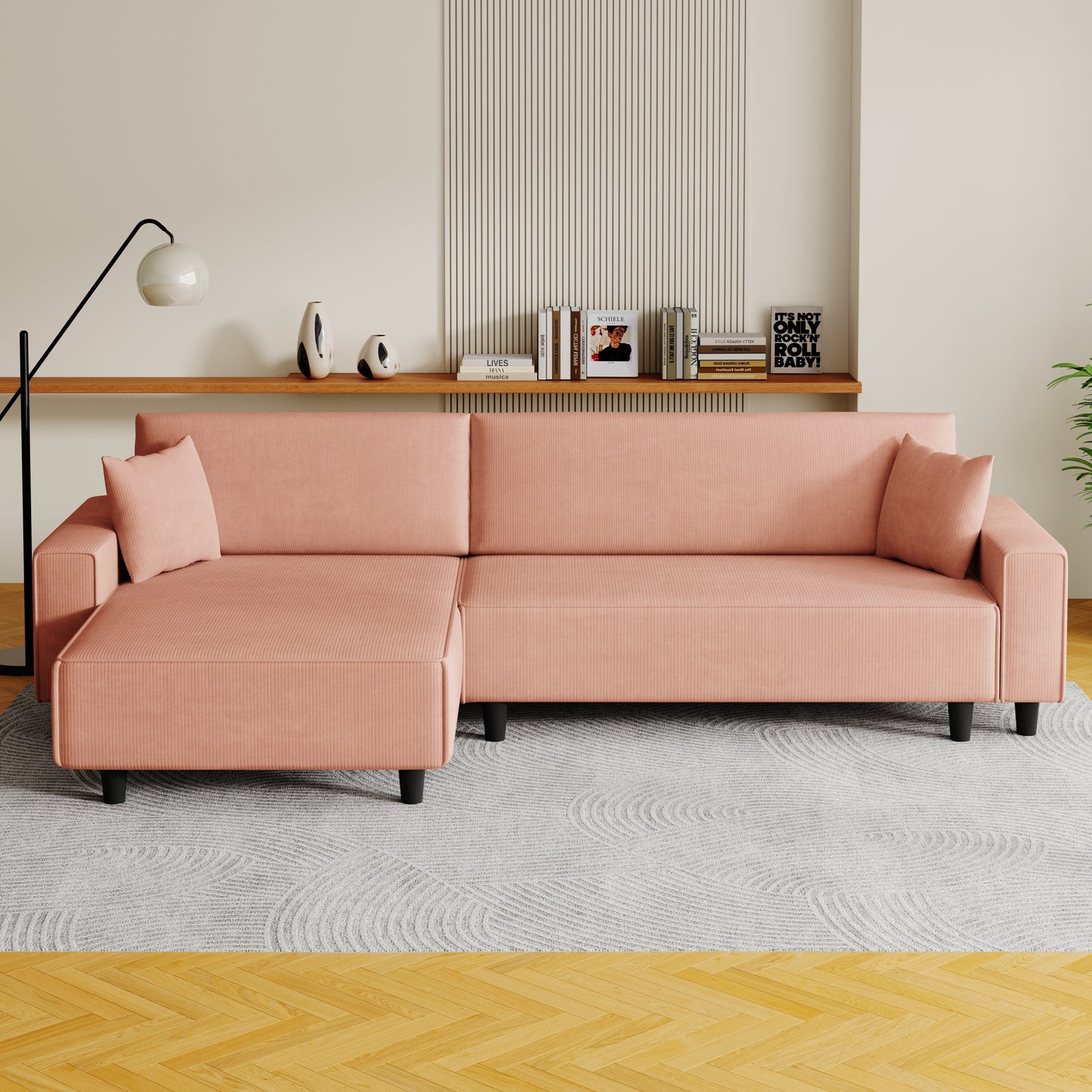Orange 93'' Corduroy Convertible 3-Seater Sofa Bed with Adjustable Chaise, Two Pillows, and Storage - Space-Saving Design
