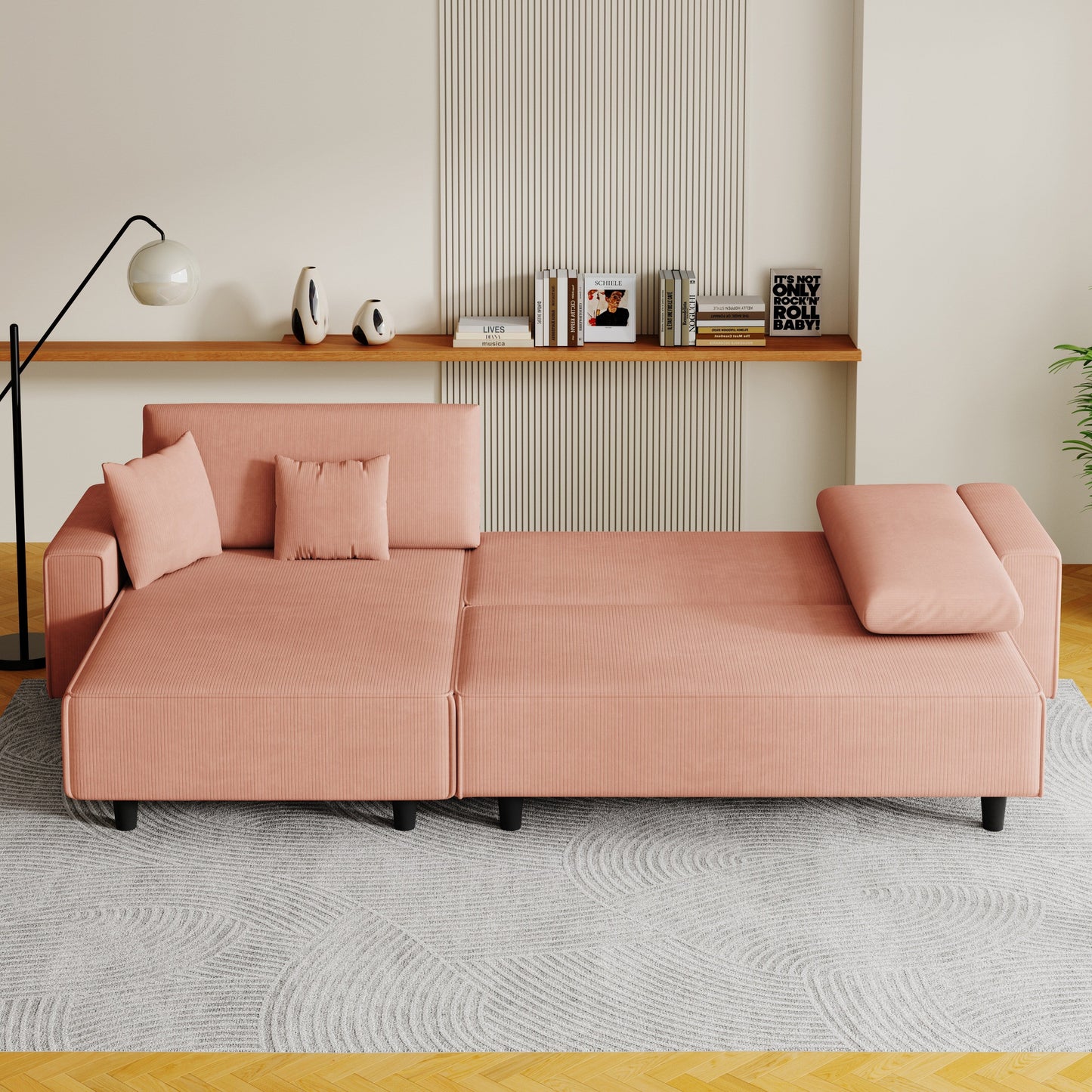 Orange 93'' Corduroy Convertible 3-Seater Sofa Bed with Adjustable Chaise, Two Pillows, and Storage - Space-Saving Design