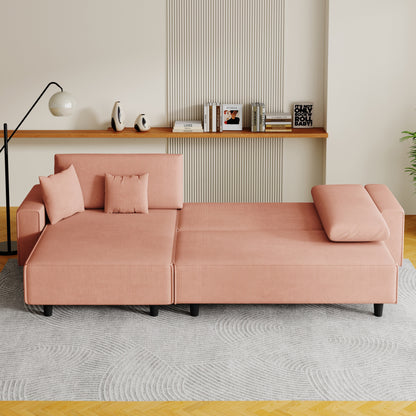 Orange 93'' Corduroy Convertible 3-Seater Sofa Bed with Adjustable Chaise, Two Pillows, and Storage - Space-Saving Design