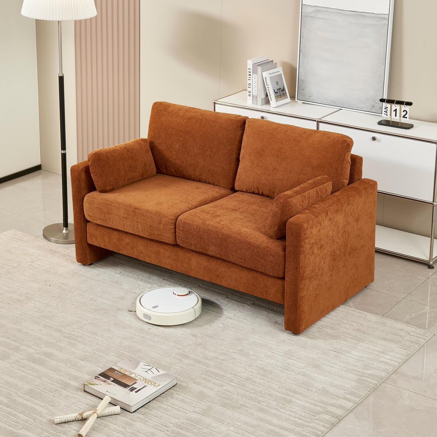 Orange Chenille Loveseat Sofa with Back Cushions and Pillows