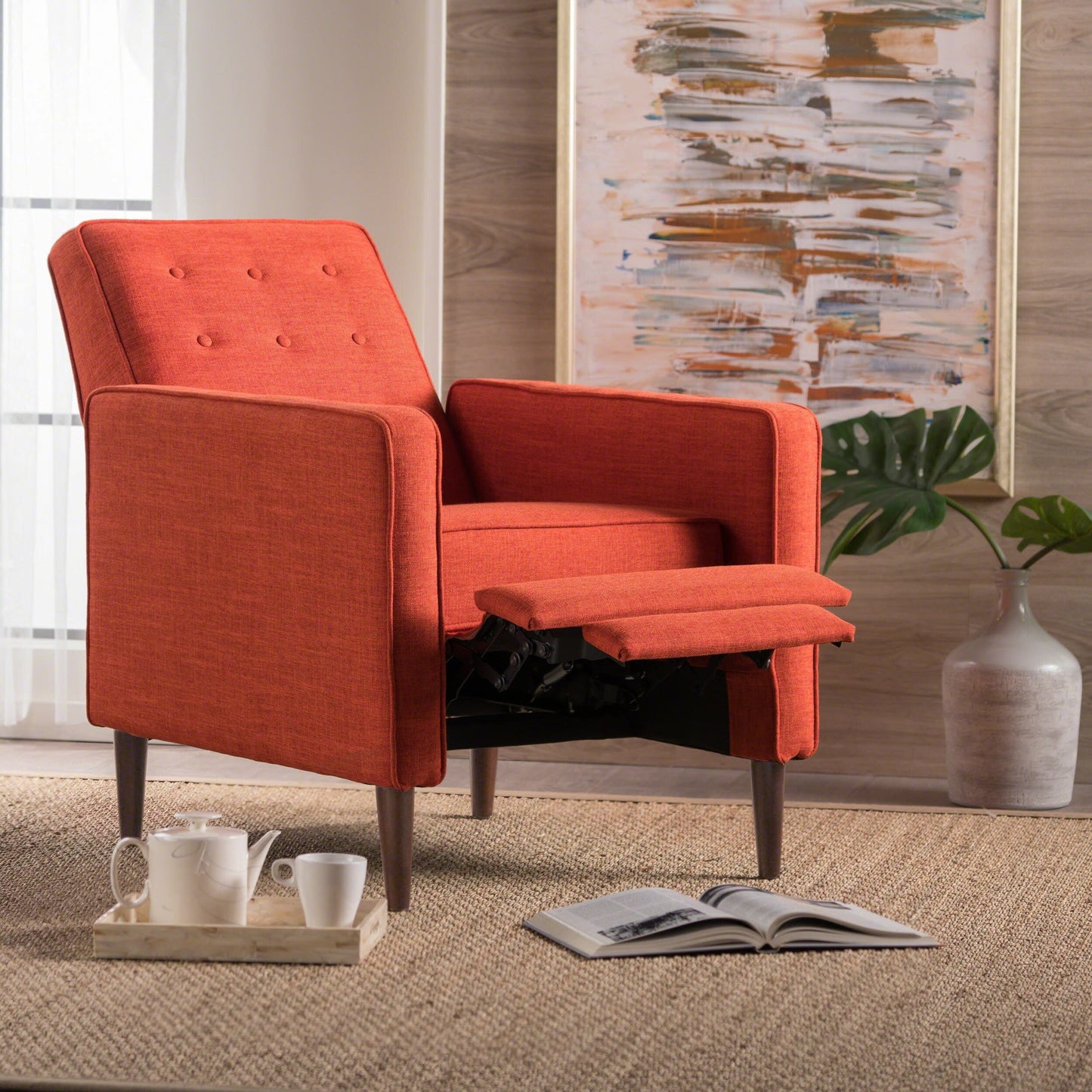 Orange Fabric Mid-Century Upholstered Push Back Recliner with Footrest, Button-tufted Backrest, Beech Wood Legs