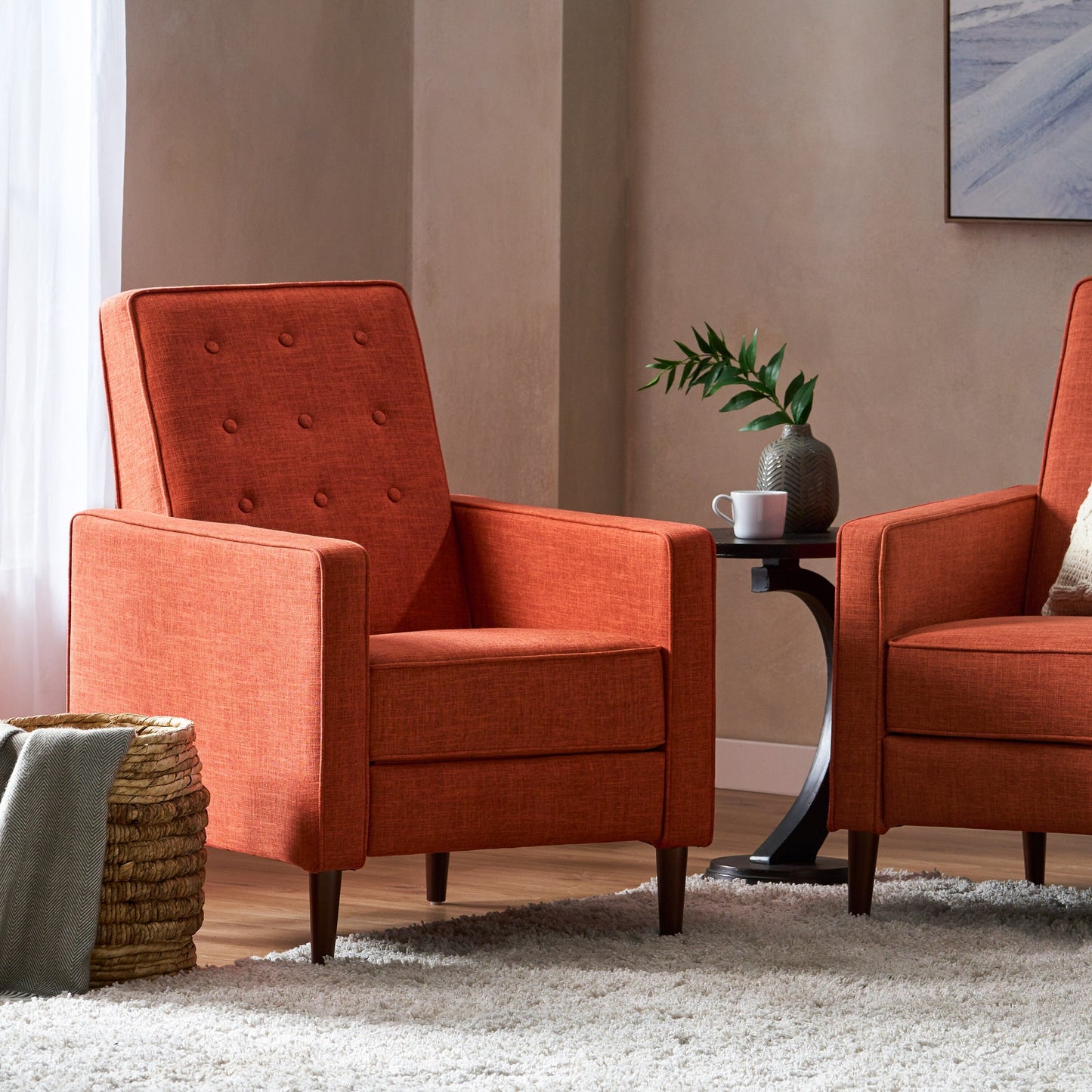 Orange Fabric Mid-Century Upholstered Push Back Recliner with Footrest, Button-tufted Backrest, Beech Wood Legs