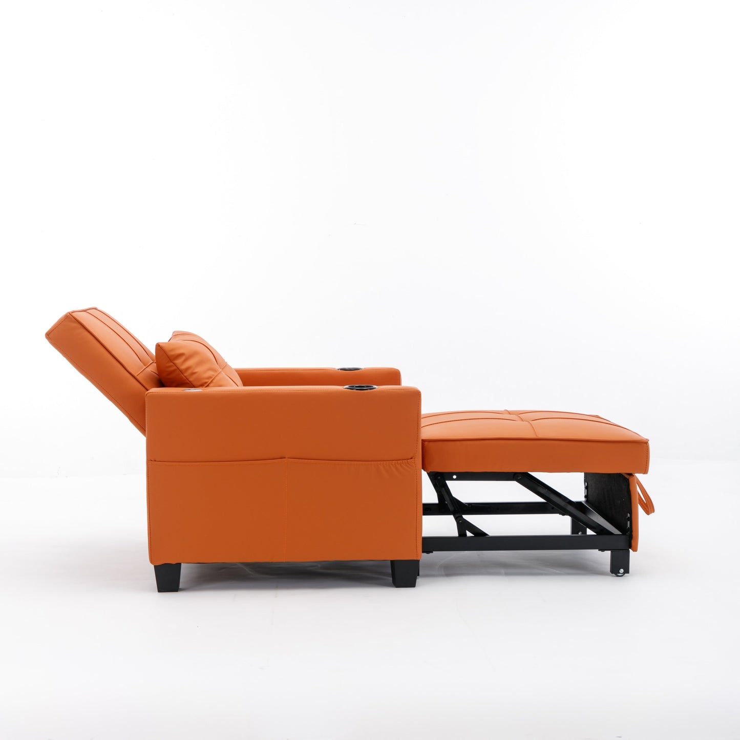 Orange Faux Leather Convertible Sofa Bed with USB Ports