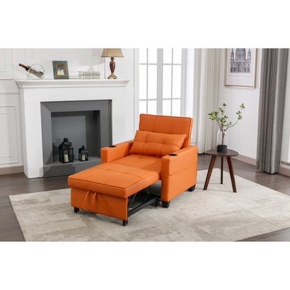 Orange Faux Leather Convertible Sofa Bed with USB Ports