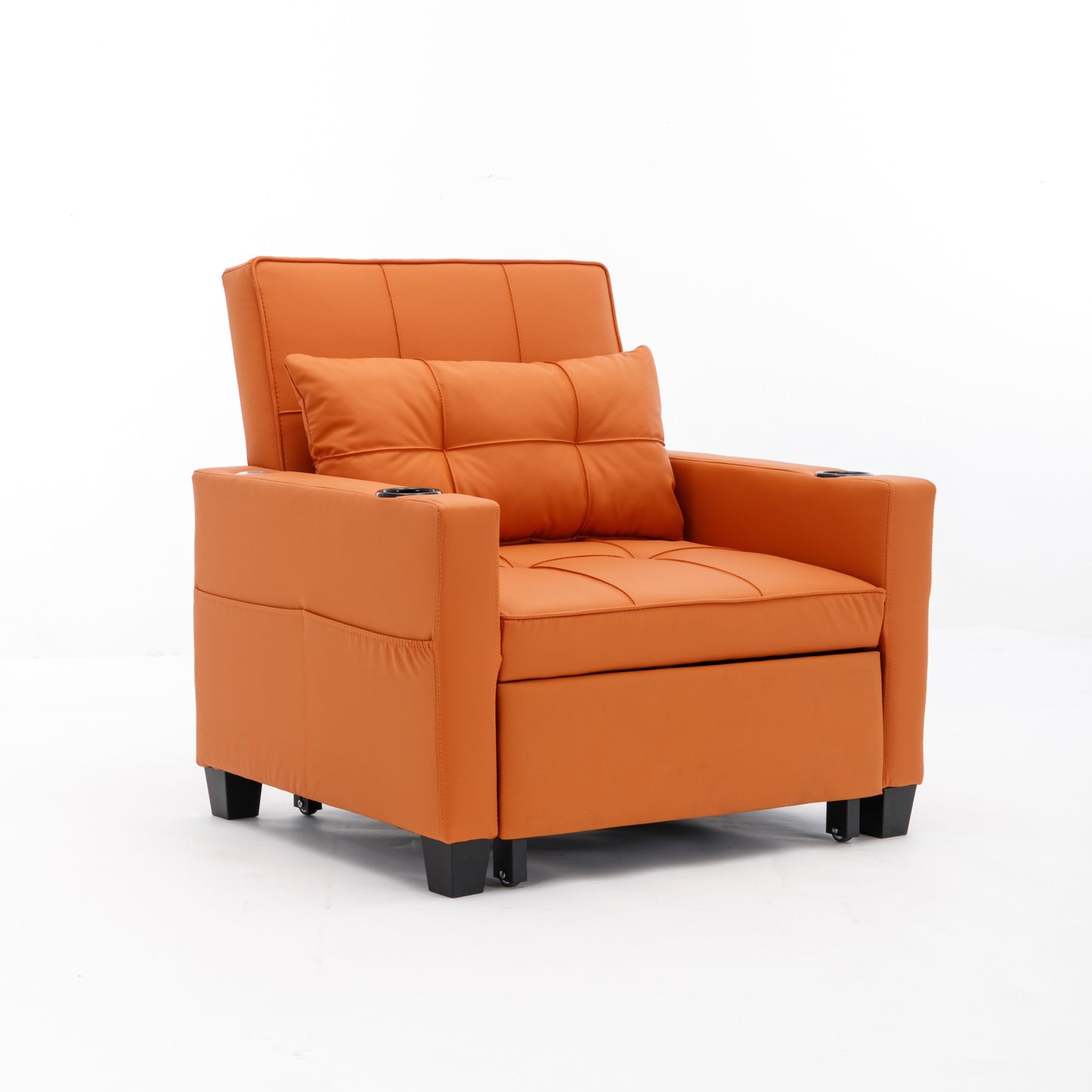 Orange Faux Leather Convertible Sofa Bed with USB Ports