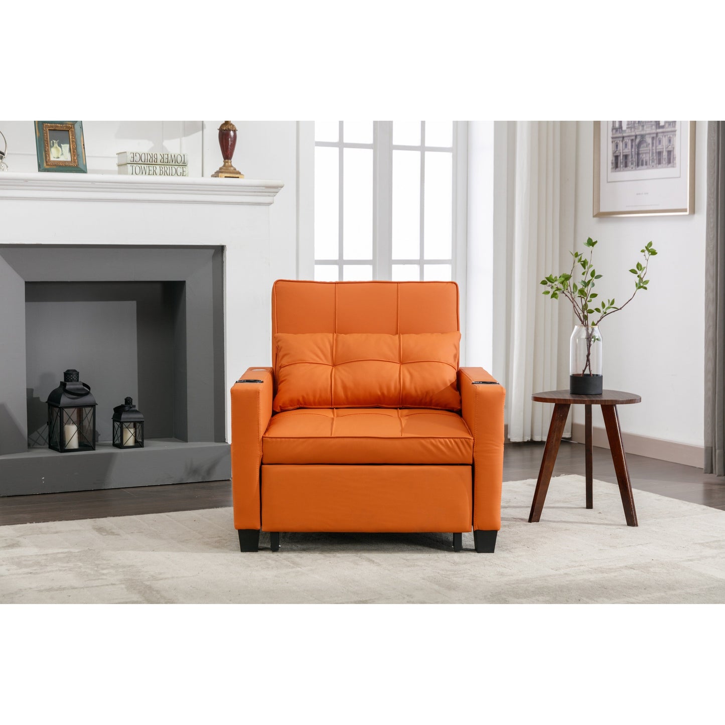 Orange Faux Leather Convertible Sofa Bed with USB Ports