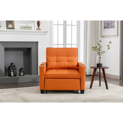 Orange Faux Leather Convertible Sofa Bed with USB Ports