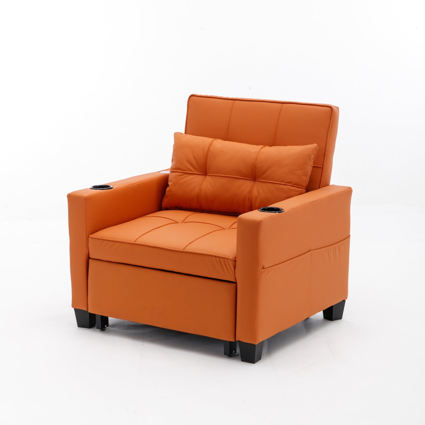 Orange Faux Leather Convertible Sofa Bed with USB Ports