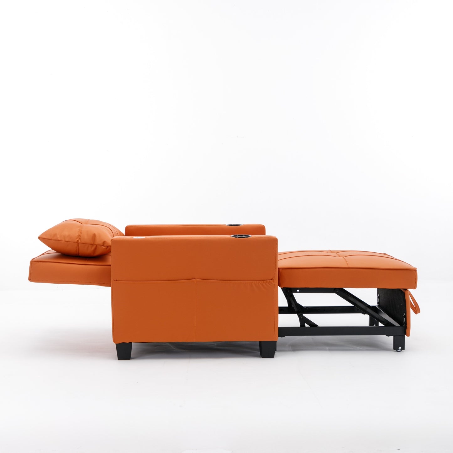 Orange Faux Leather Convertible Sofa Bed with USB Ports