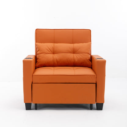 Orange Faux Leather Convertible Sofa Bed with USB Ports