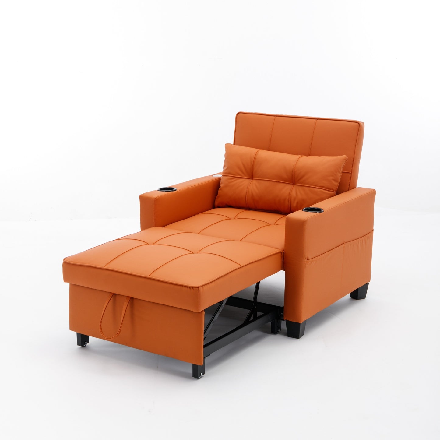 Orange Faux Leather Convertible Sofa Bed with USB Ports