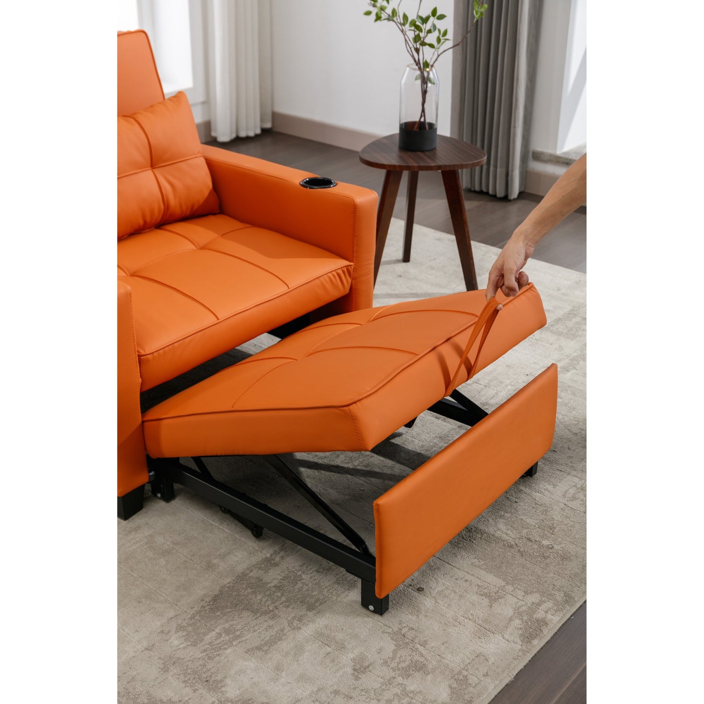 Orange Faux Leather Convertible Sofa Bed with USB Ports