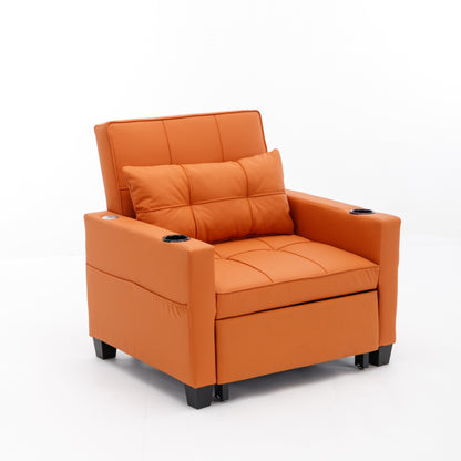 Orange Faux Leather Convertible Sofa Bed with USB Ports