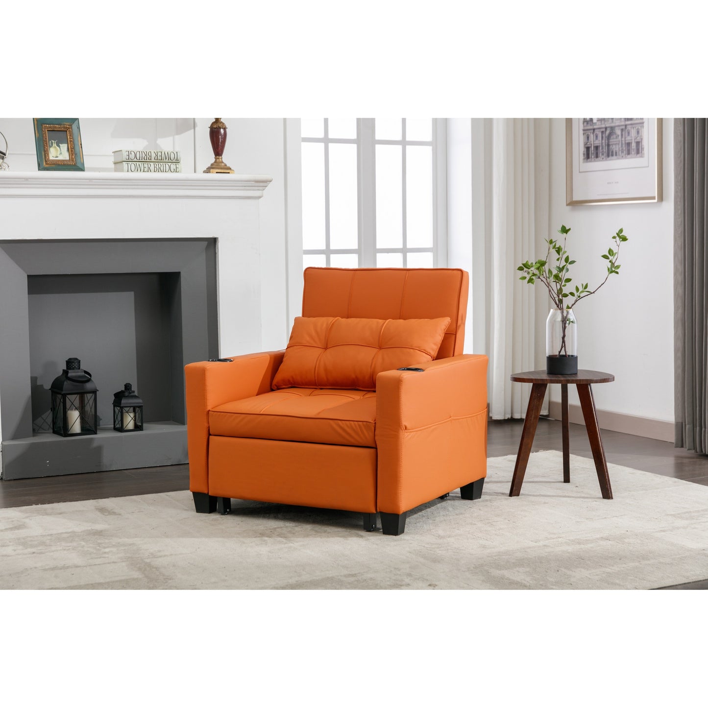 Orange Faux Leather Convertible Sofa Bed with USB Ports