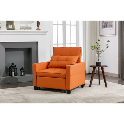 Orange Faux Leather Convertible Sofa Bed with USB Ports