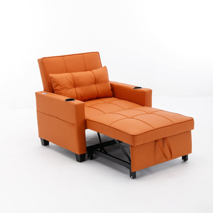 Orange Faux Leather Convertible Sofa Bed with USB Ports