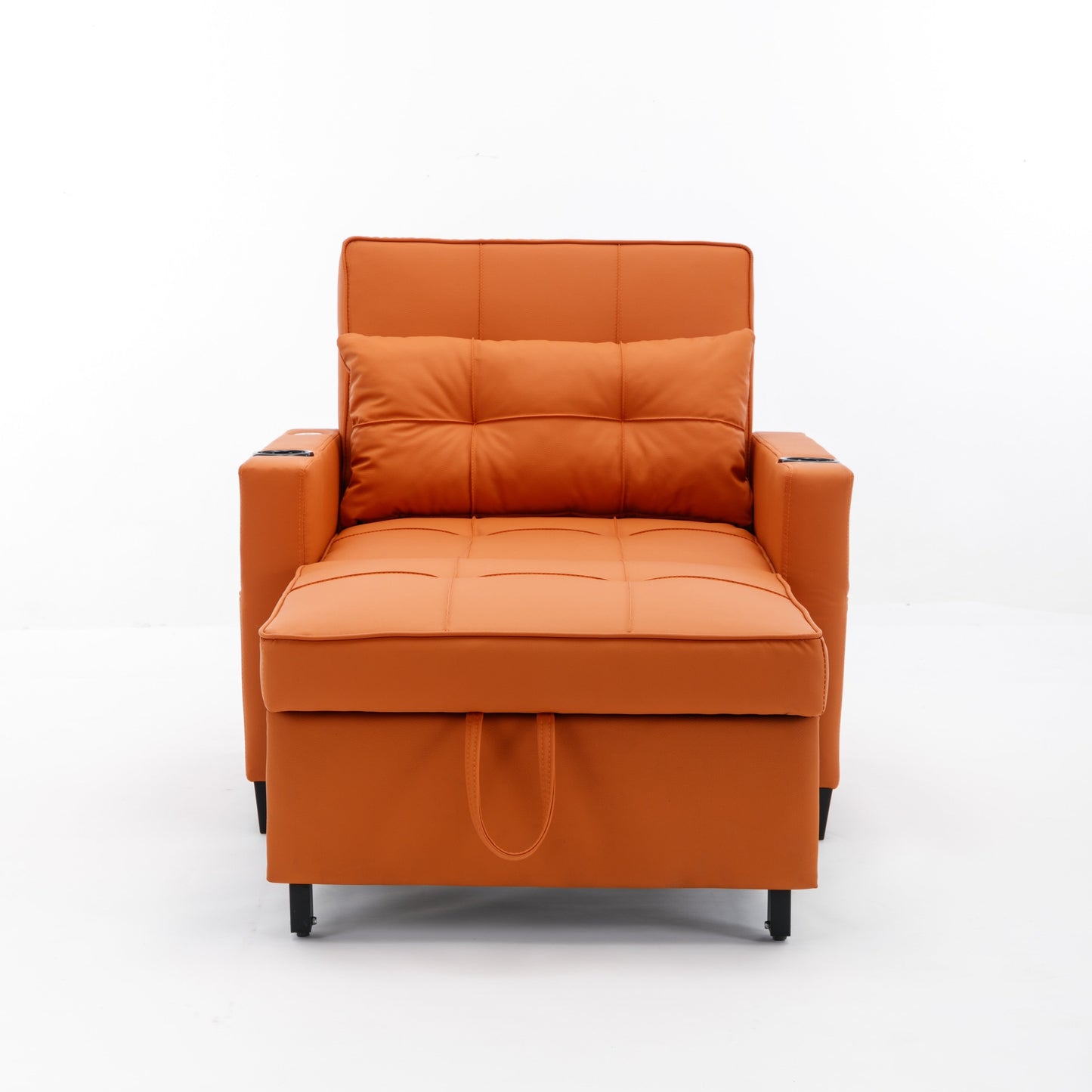 Orange Faux Leather Convertible Sofa Bed with USB Ports