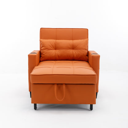 Orange Faux Leather Convertible Sofa Bed with USB Ports