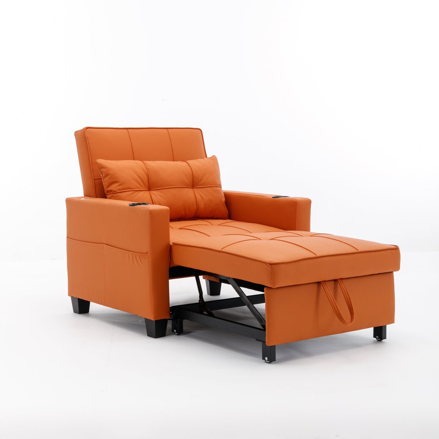 Orange Faux Leather Convertible Sofa Bed with USB Ports