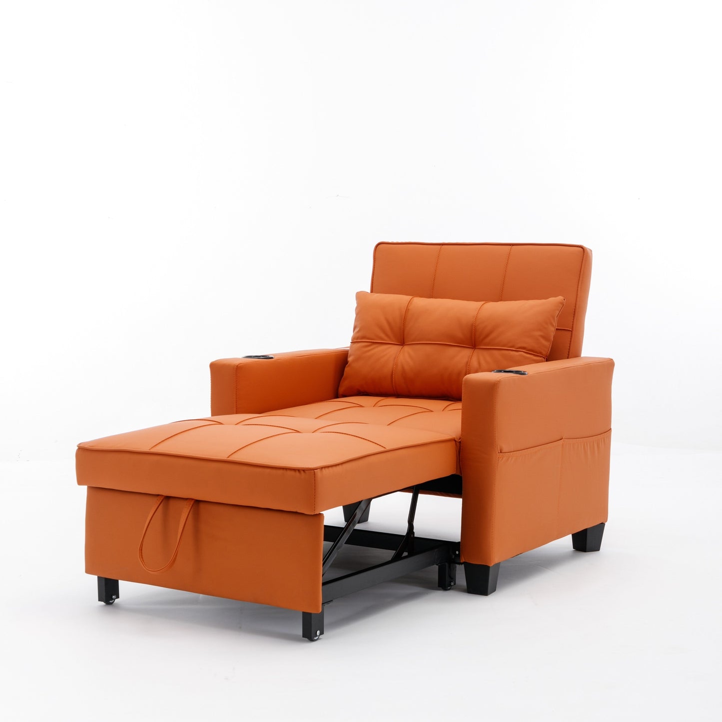 Orange Faux Leather Convertible Sofa Bed with USB Ports