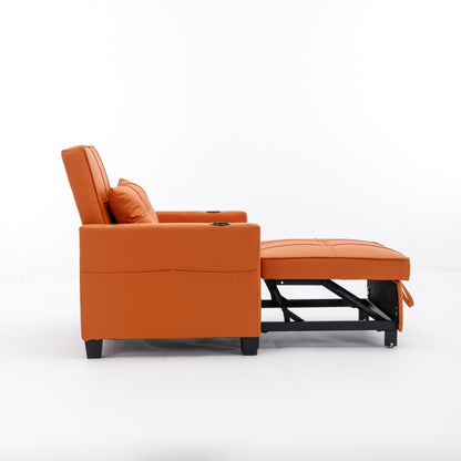 Orange Faux Leather Convertible Sofa Bed with USB Ports