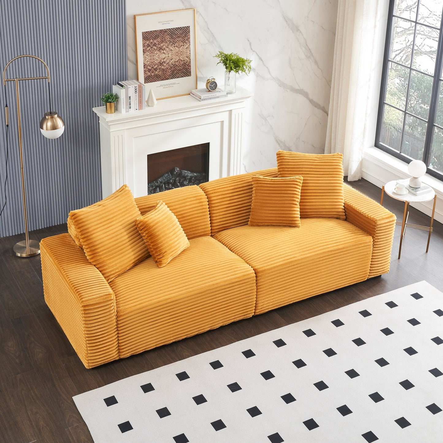 Orange Modern 104.72 Corduroy 4-seat Sofa with 4 Throw Pillows for Living Room