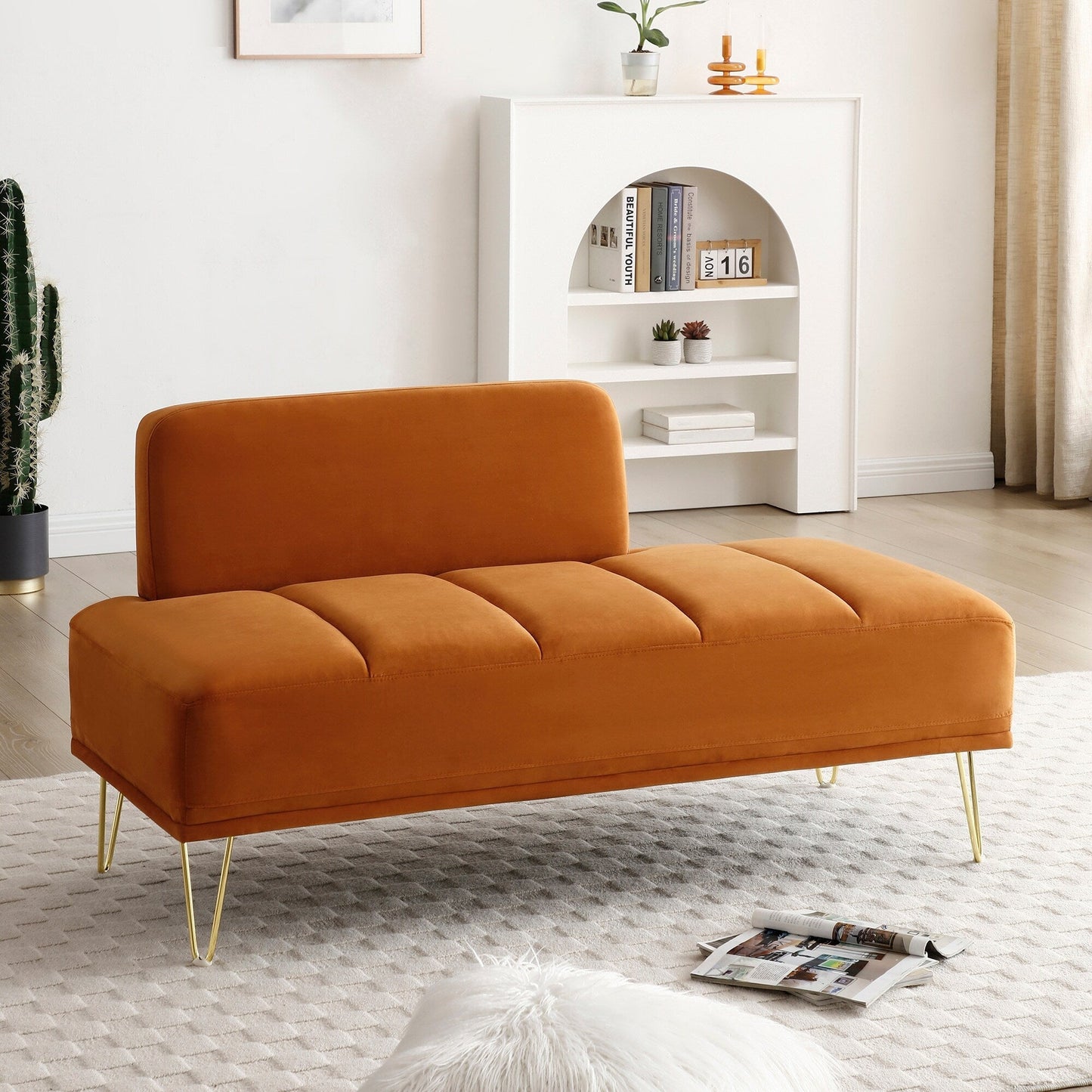 Orange Modern 56.3 Upholstered Loveseat End of Bed Bench with Gold Metal Legs for Bedroom