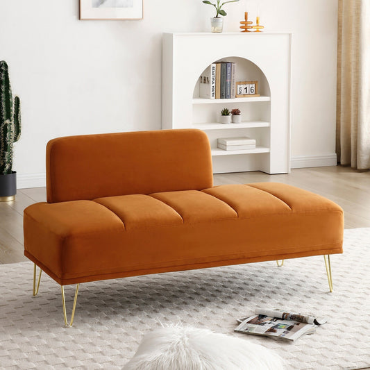 Orange Modern 56.3 Upholstered Loveseat End of Bed Bench with Gold Metal Legs for Bedroom