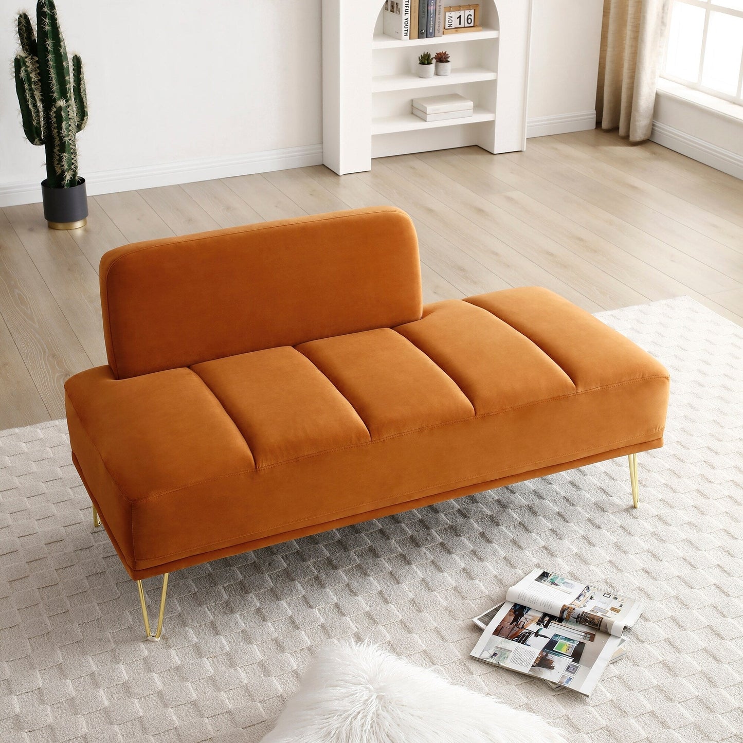 Orange Modern 56.3 Upholstered Loveseat End of Bed Bench with Gold Metal Legs for Bedroom
