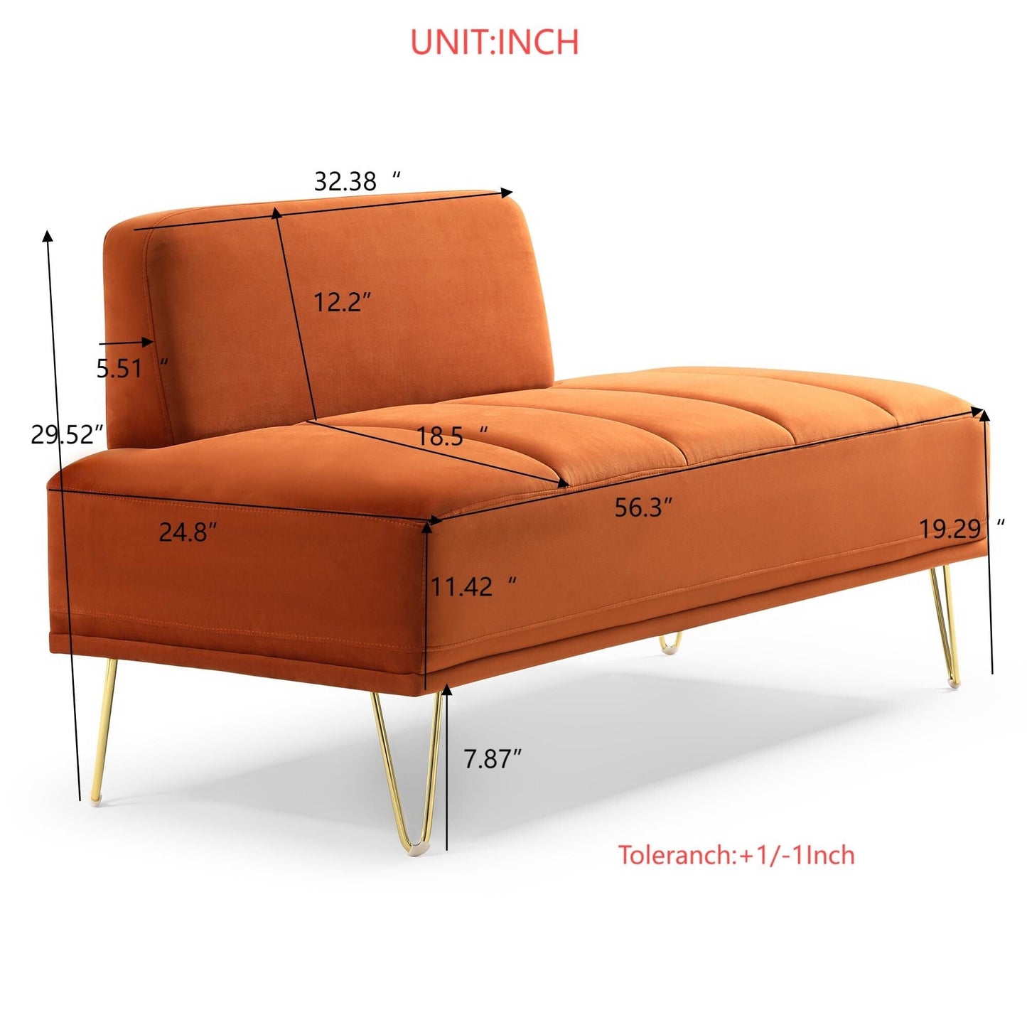 Orange Modern 56.3 Upholstered Loveseat End of Bed Bench with Gold Metal Legs for Bedroom