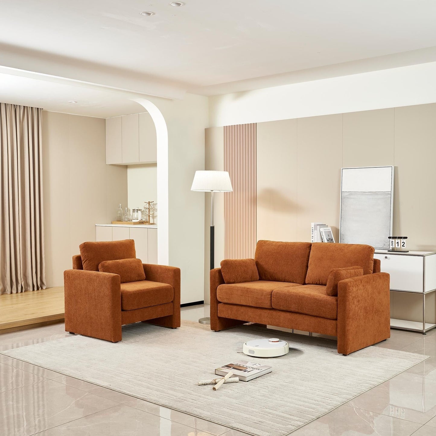 Orange Modern 58.66 Chenille Loveseat Sofa with Back Cushions and Pillows for Living Room
