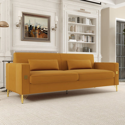 Orange Modern 85.63 Velvet 3-seater Sofa with Gold Accents and Plush Cushions for Living Room