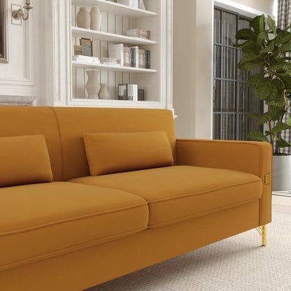 Orange Modern 85.63 Velvet 3-seater Sofa with Gold Accents and Plush Cushions for Living Room