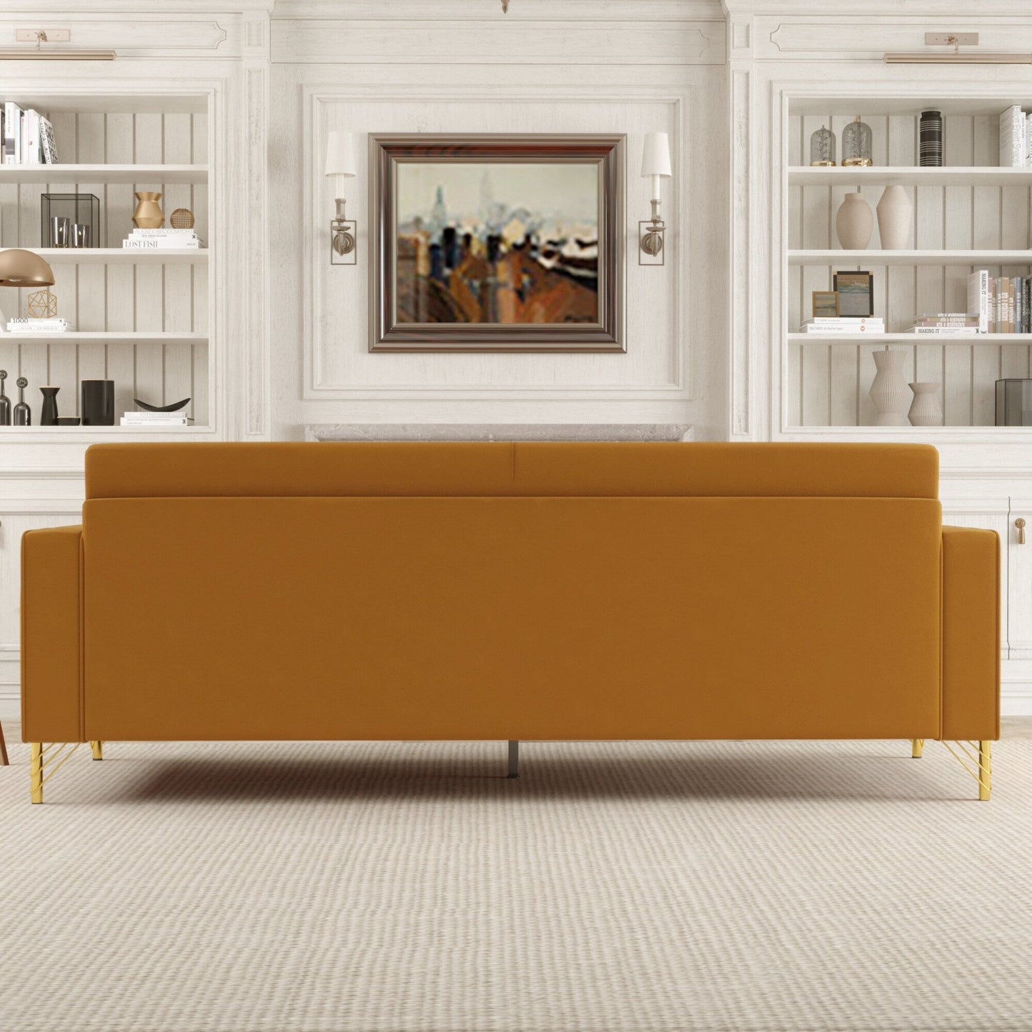 Orange Modern 85.63 Velvet 3-seater Sofa with Gold Accents and Plush Cushions for Living Room