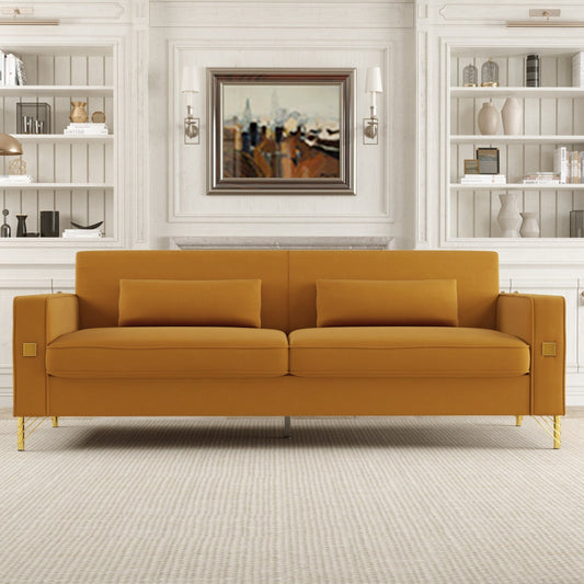 Orange Modern 85.63 Velvet 3-seater Sofa with Gold Accents and Plush Cushions for Living Room