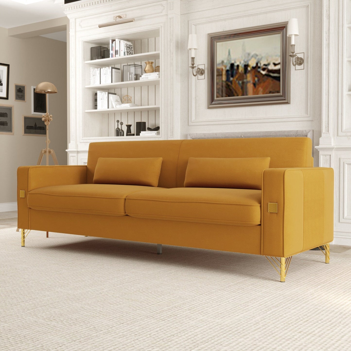 Orange Modern 85.63 Velvet 3-seater Sofa with Gold Accents and Plush Cushions for Living Room