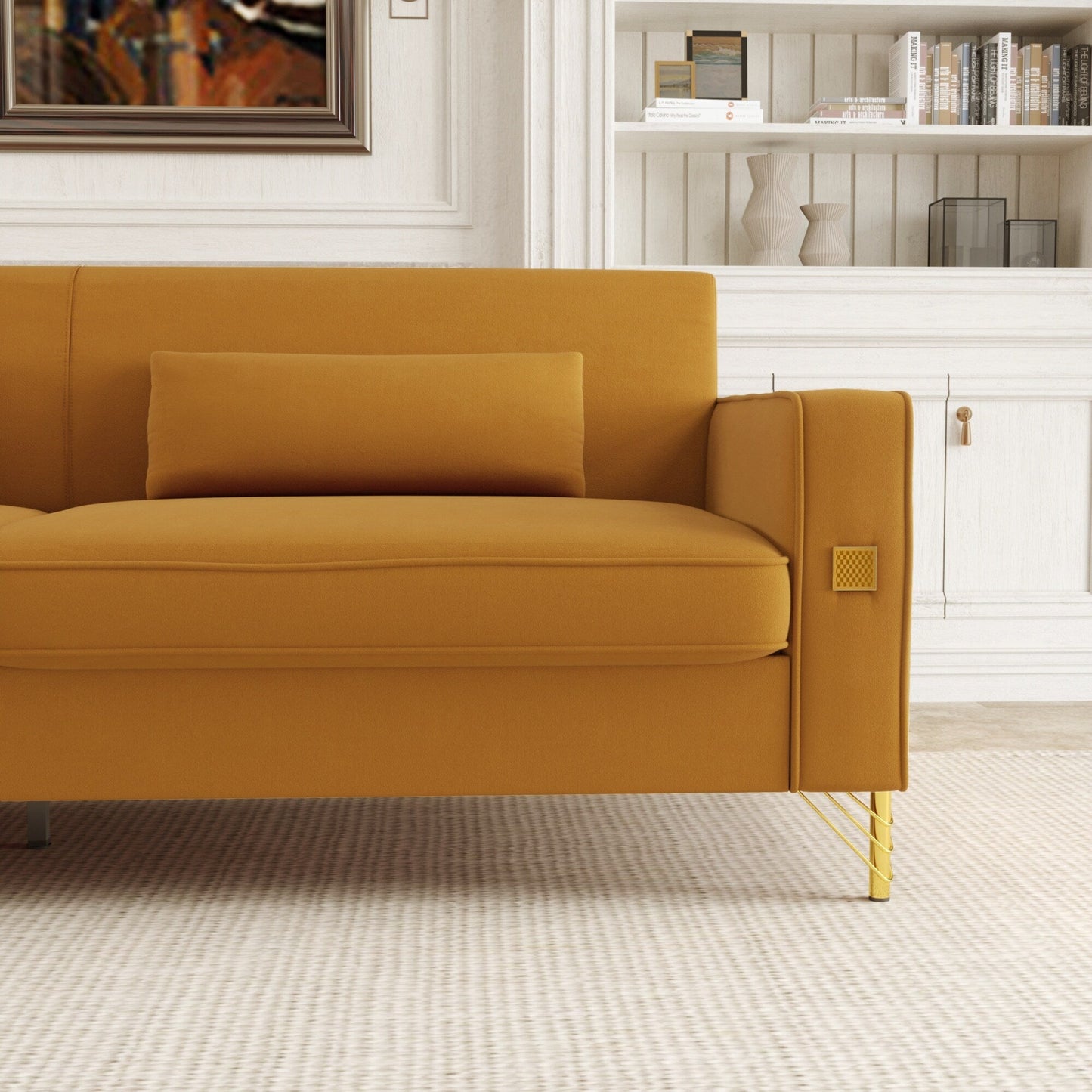 Orange Modern 85.63 Velvet 3-seater Sofa with Gold Accents and Plush Cushions for Living Room
