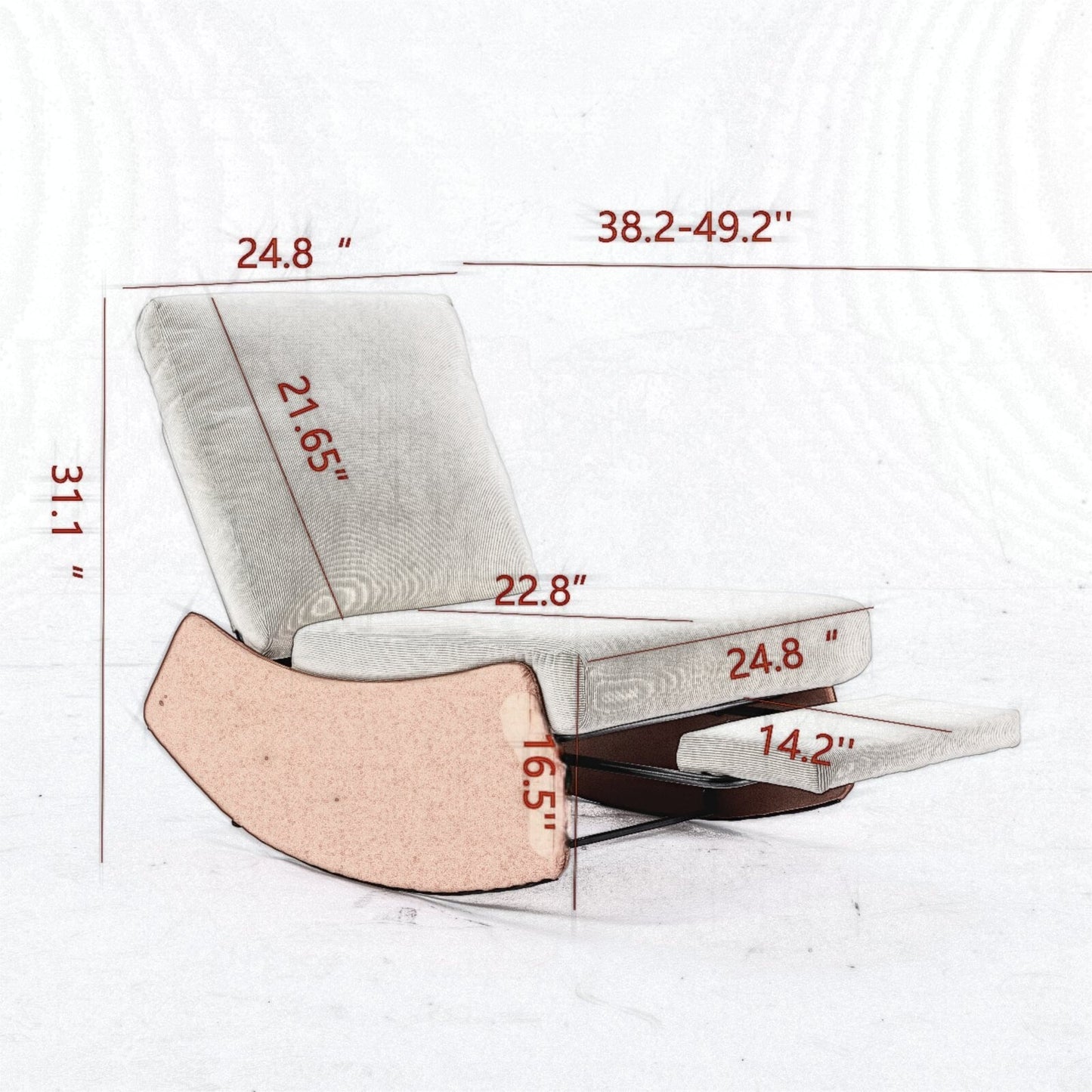 Orange+Beige Modern Corduroy Upholstered Rocker Recliner with Footrest and PU Leather Leg for Living Room, Bedroom