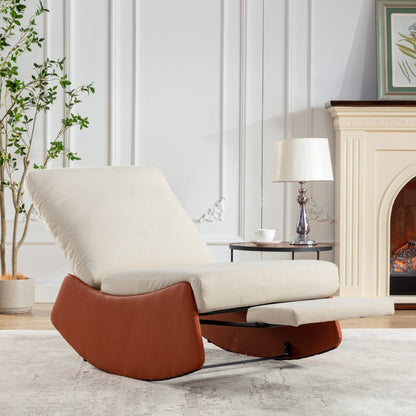 Orange+Beige Modern Corduroy Upholstered Rocker Recliner with Footrest and PU Leather Leg for Living Room, Bedroom