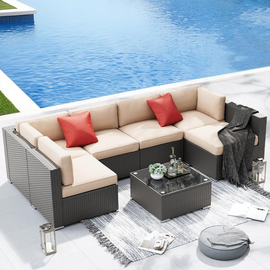 7-piece Outdoor Patio Black Wicker Rattan Cushioned Sectional Sofa Conversation Set by Havenside Home