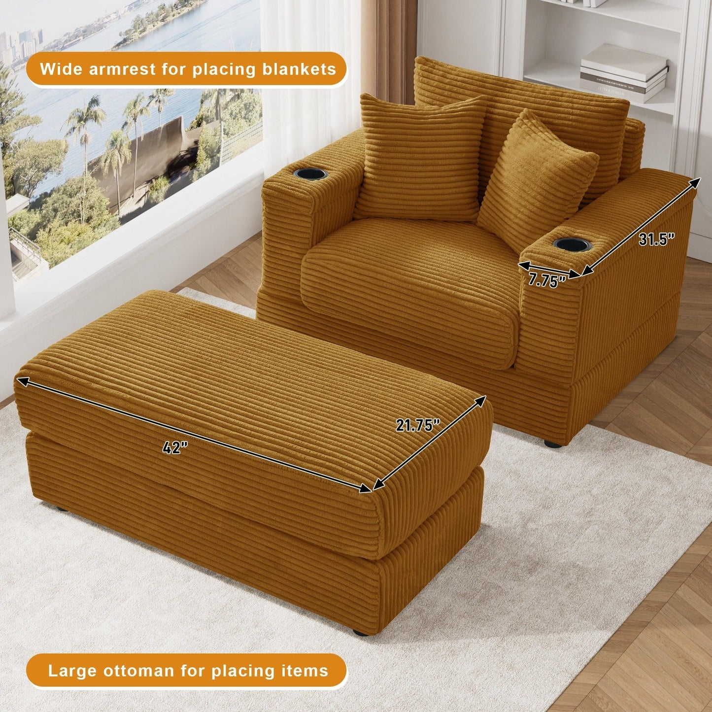 Ouyessir Upholstered Deep Seat Single Sofa with Ottoman for Living Room