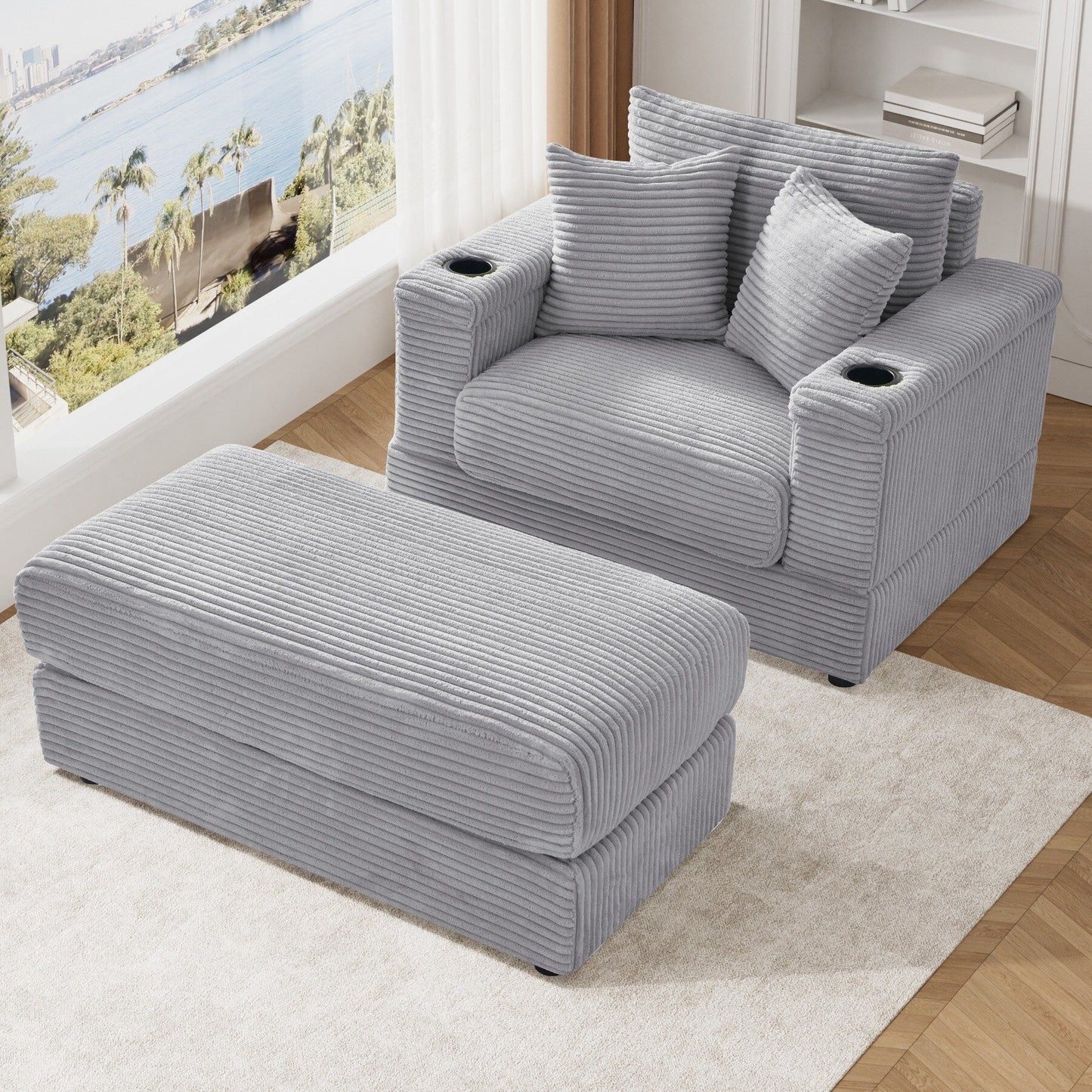 Ouyessir Upholstered Deep Seat Single Sofa with Ottoman for Living Room