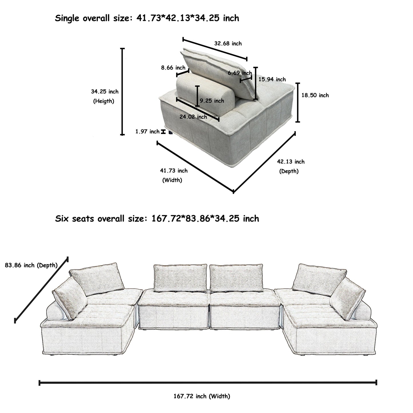 Oversized 6-piece Chenille Modular Square Sofa Set with High-Density Foam Cushions, Free Combination