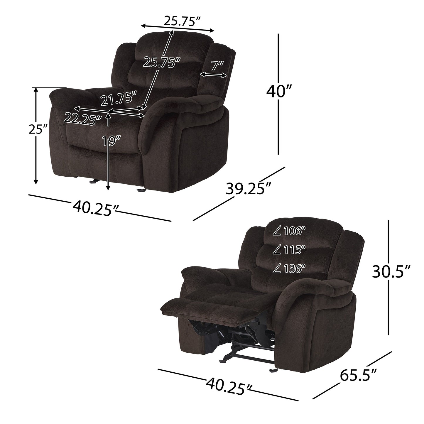 Oversized Brown Plush Fabric Glider Recliner Chair with Spacious Seat and Classic Design