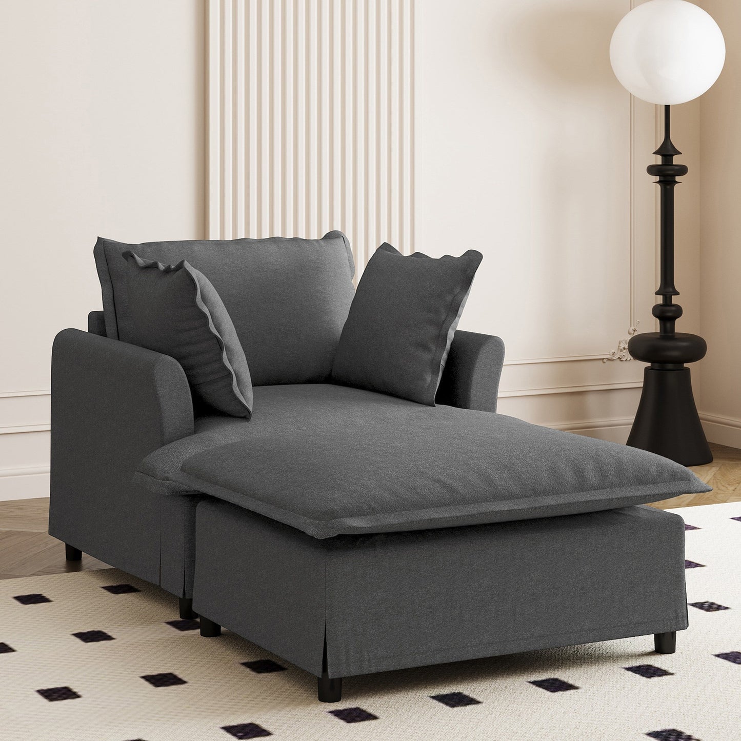 Oversized Chaise Lounge Chenille Single Sofa Bed Lazy Sleeper Armchair with Movable Ottoman for Living Room Bedroom